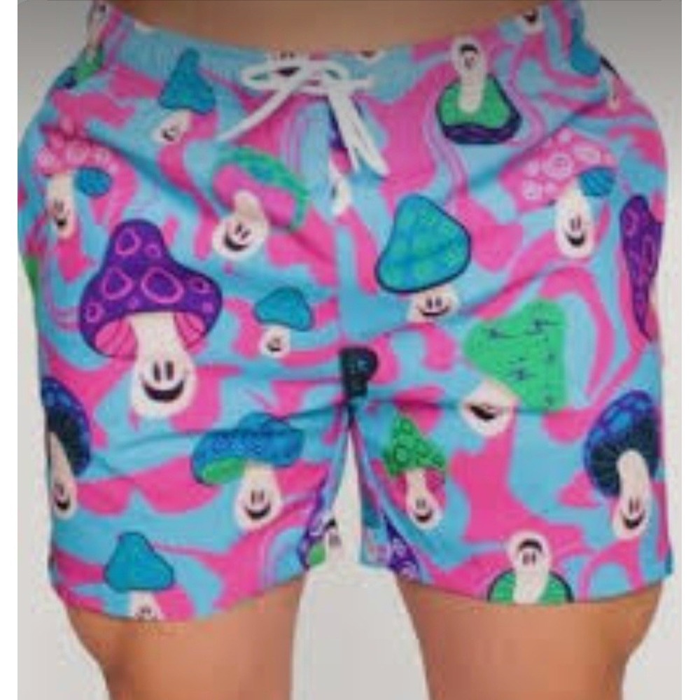 Mens Psychedelic Mushroom Print Swim Trunks Blue Pink Trippy Mesh Lined Shorts M